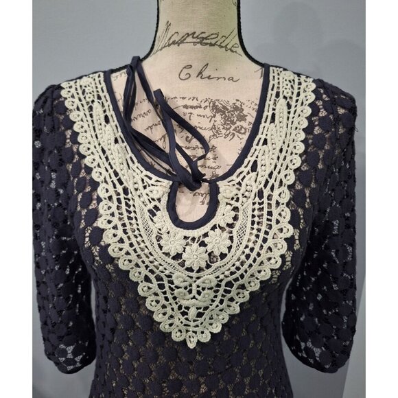 Solitaire Navy Blue Crochet Blouse With Ivory Embroidered Detailing & Tie Neck 3 - Picture 4 of 7